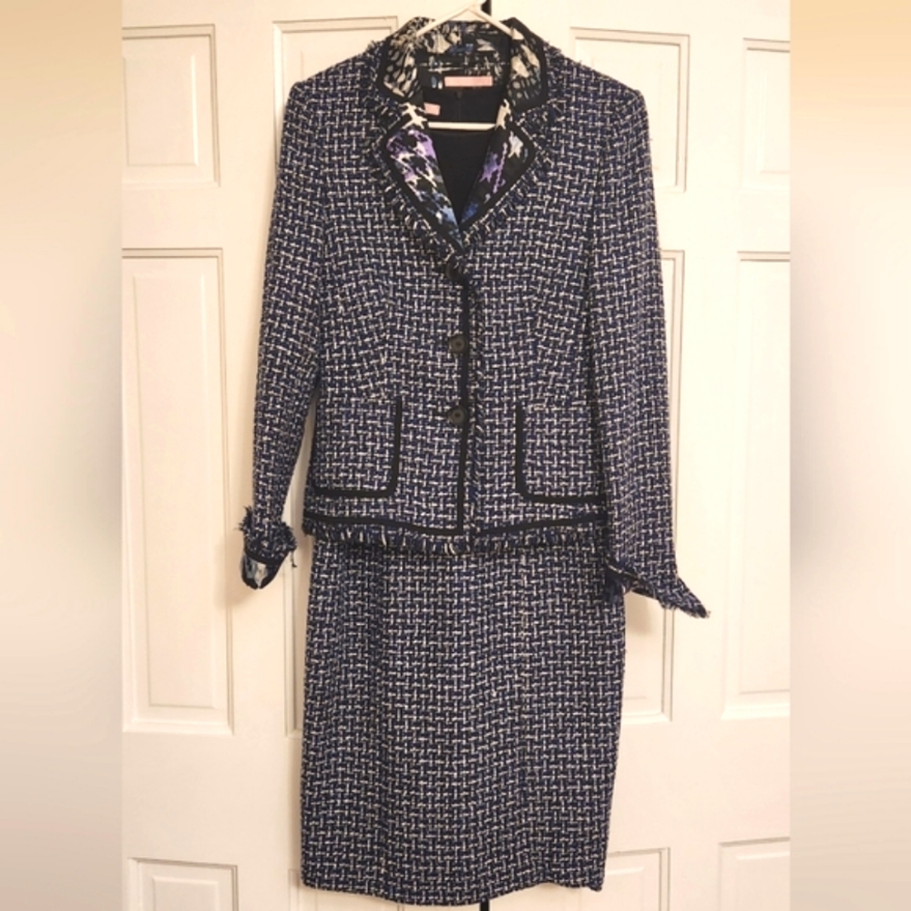 BASLER • Blue, Black & White Tweed Dress Suit, Size 8-10